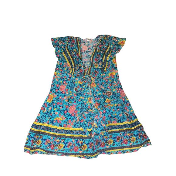 NWT Temofon Blue Pink Floral Rayon Boho MIDI Dress Medium - Picture 1 of 5